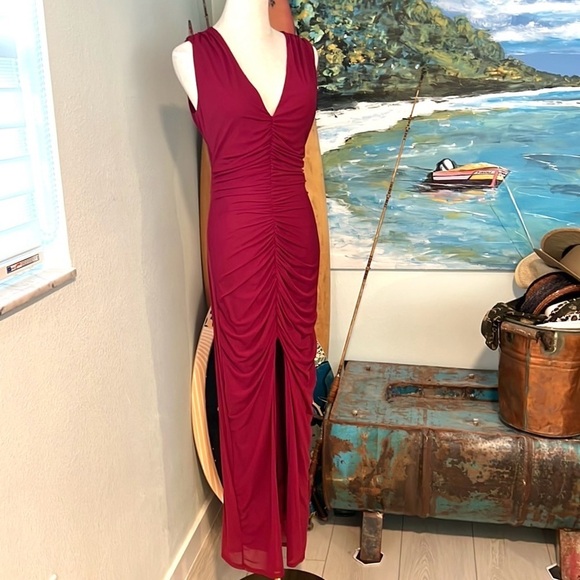 NWT FASHION NOVA, Don't Ruche Me Mesh Gown, Burgundy Wine, Instantly Slimming,L - Picture 3 of 16